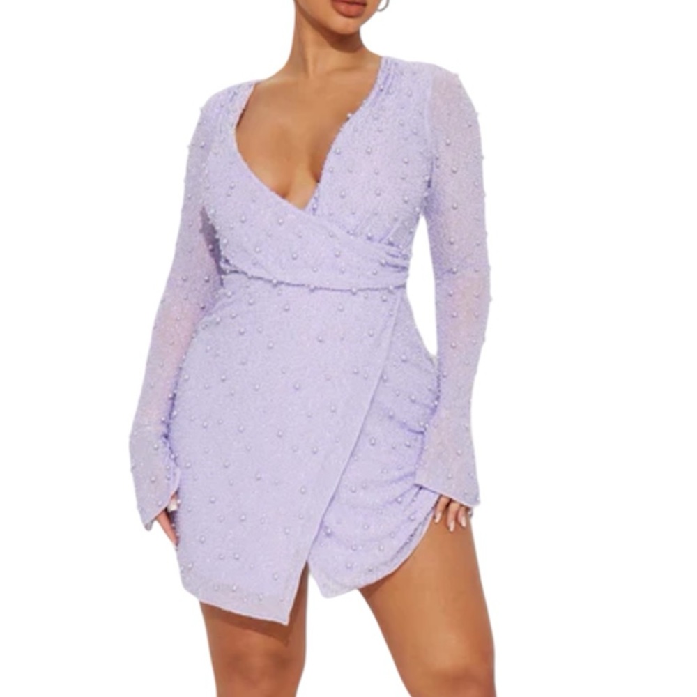 ❗️NWT❗️FASHION NOVA BRIA PEARL MINI DRESS LAVENDER SIZE XL